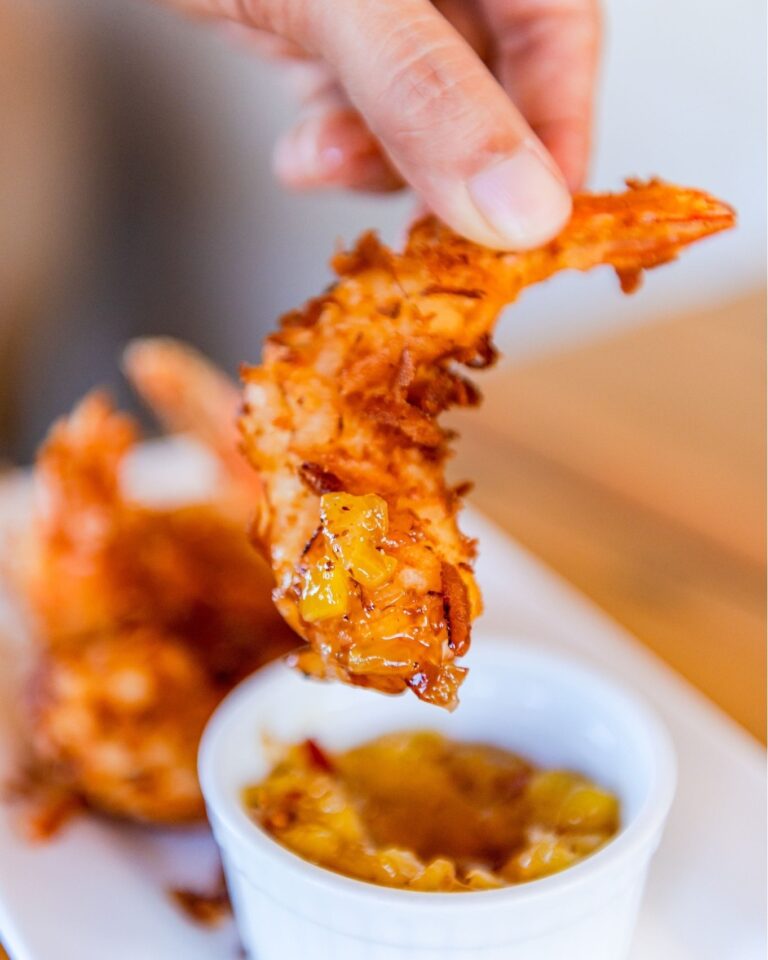 Coconut shrimp with pineapple and tequila sauce
