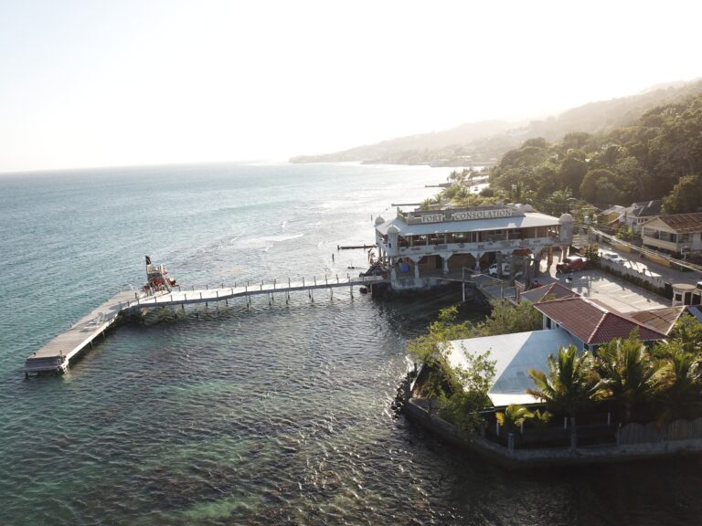 Aerial view of Fort Consolation restaurant, its dock and the Caribbean in Coxen Hole, Roatan