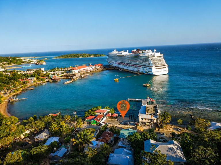Aerial view of Coxen Hole with Fort Consolation marked beside the cruise port