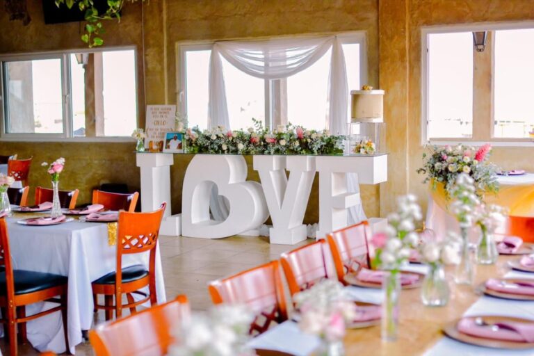 Bachelorette party table setting with flowers at Fort Consolation