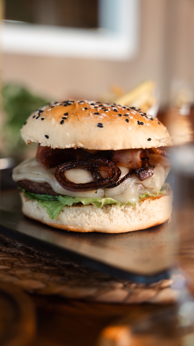 Fire grill bacon burger with cheddar and grilled onions