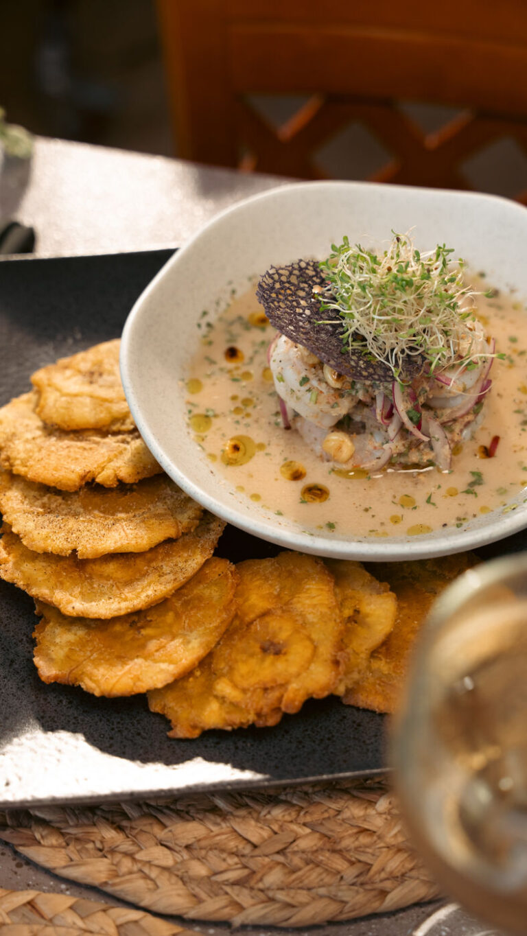 Shrimp ceviche with red onion and sprouts, served with tostones
