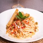 Mediterranean linguini pasta with olives and feta at Fort Consolation