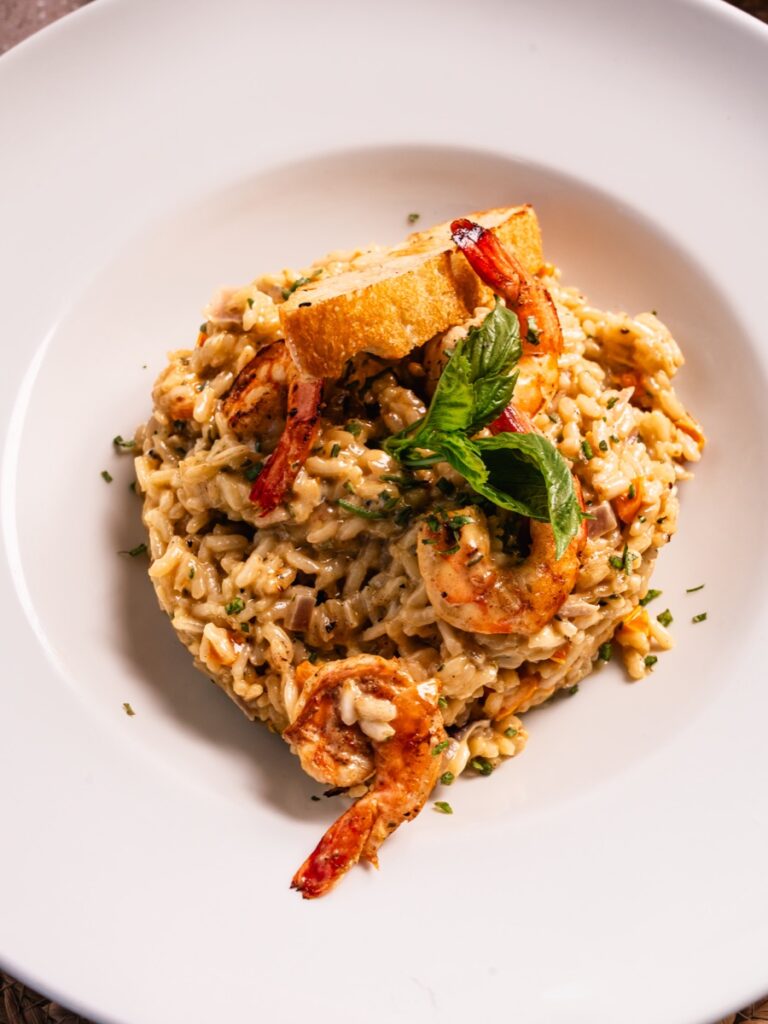 Creamy shrimp risotto with mint and toasted bread